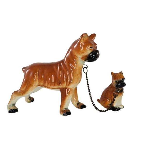 Vintage Enesco Imports Japan Boxer Dog Mom Puppy On Chain Figurine *Repaired* - Picture 2 of 11